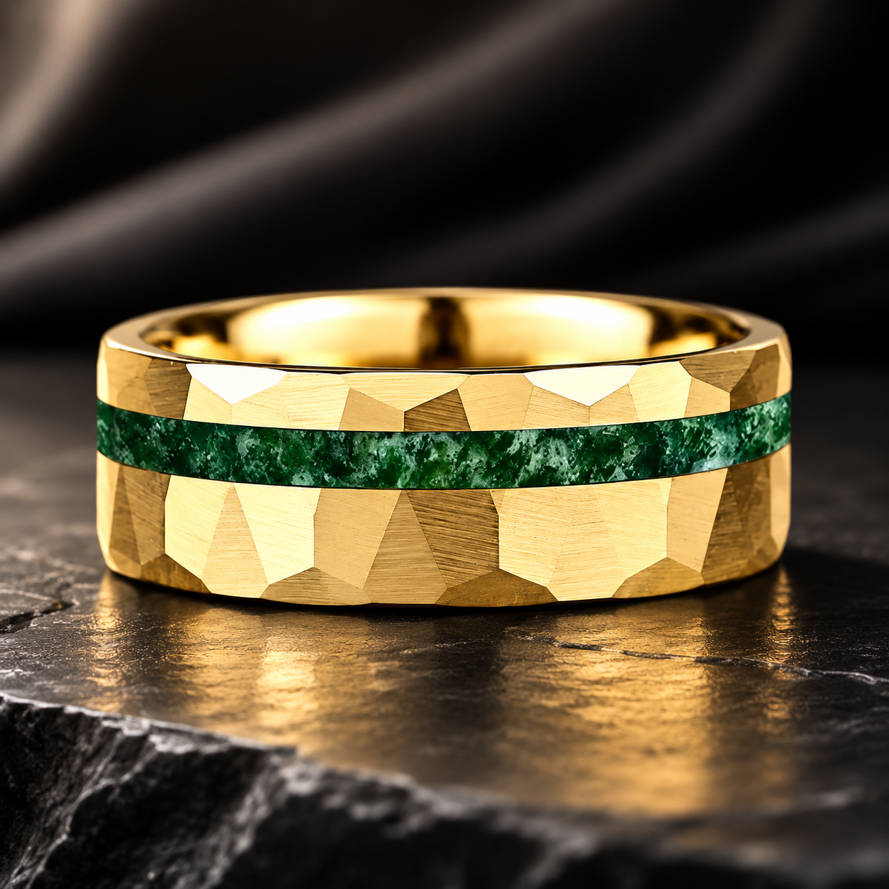 Hammered Tungsten Ring with Green Moss Agate Inlay