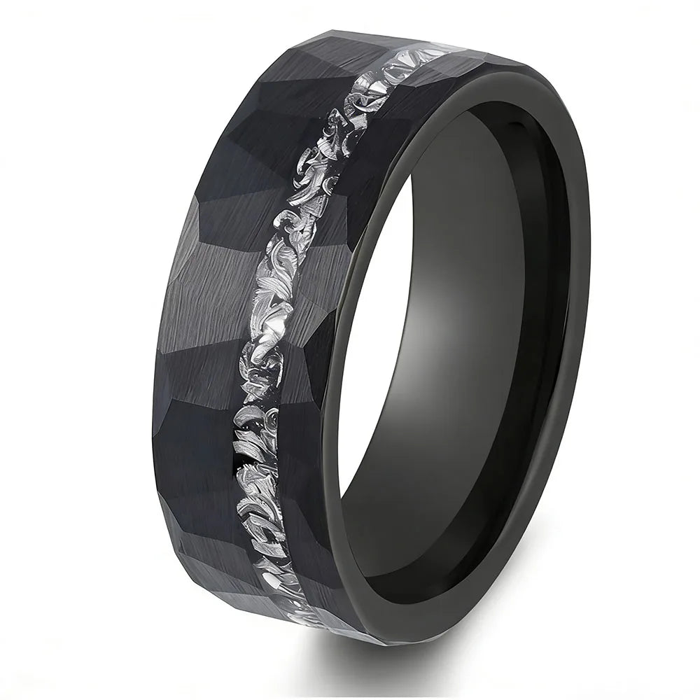 Hammered Tungsten Ring with Iron Filings & Opal Inlay