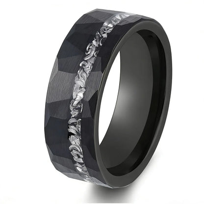 Hammered Tungsten Ring with Iron Filings & Opal Inlay