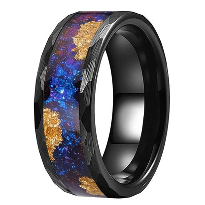 Hammered Tungsten Ring with Orion Nebula & Gold Foil Inlay