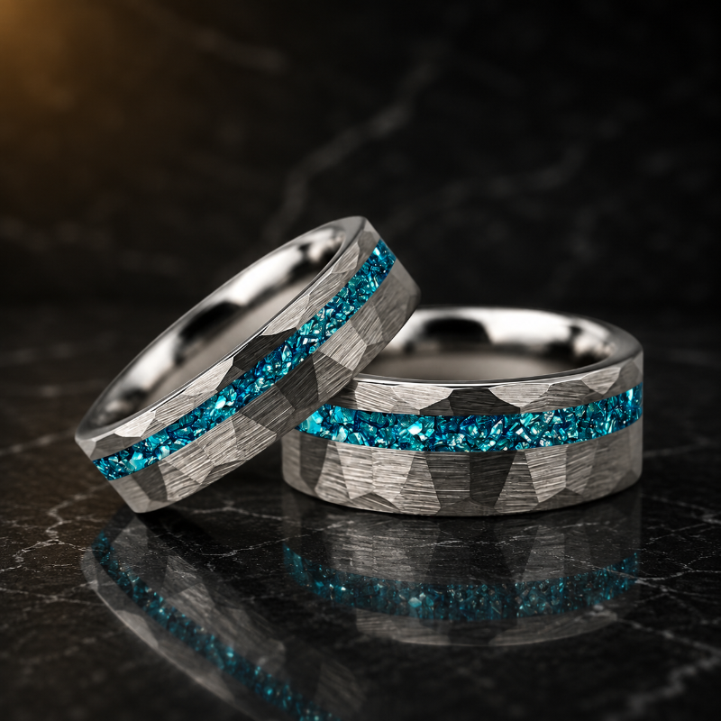 Hammered Tungsten Ring with Blue Crystal Stone Inlay