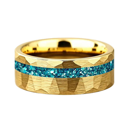 Hammered Tungsten Ring with Blue Crystal Stone Inlay