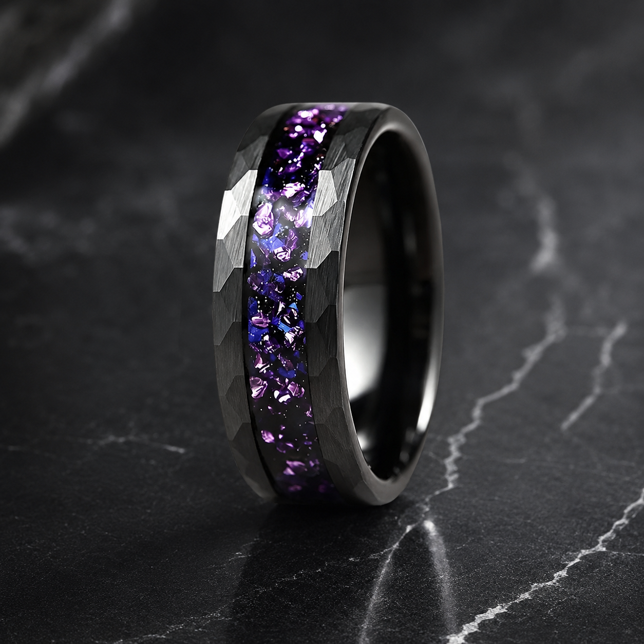Hammered Tungsten Ring with Blue Galaxy & Purple Crystal Inlay