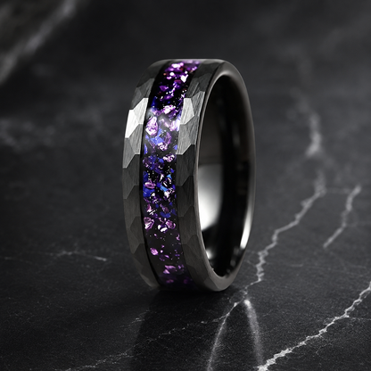 Hammered Tungsten Ring with Blue Galaxy & Purple Crystal Inlay