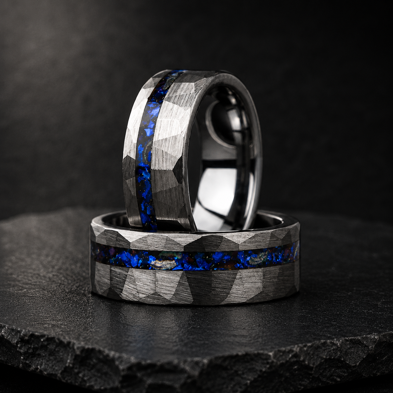 Hammered Tungsten Ring with Blue Glass Stone & Meteorite