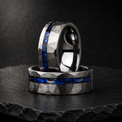 Hammered Tungsten Ring with Blue Glass Stone & Meteorite