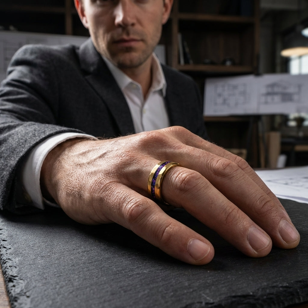 Hammered Tungsten Ring with Blue & Purple Opal Inlay