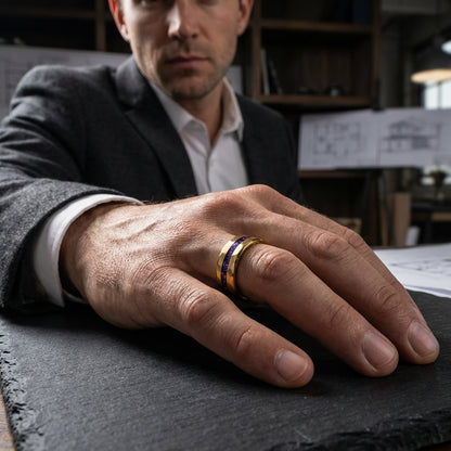 Hammered Tungsten Ring with Blue & Purple Opal Inlay