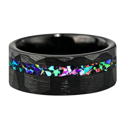 Hammered Tungsten Ring with Galaxy Opal Inlay