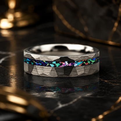 Hammered Tungsten Ring with Galaxy Opal Inlay