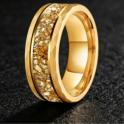 Hammered Tungsten Ring with Gold Crystal Inlay