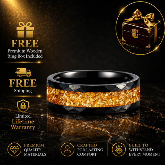 Hammered Tungsten Ring with Golden Crystal Stone Inlay