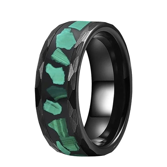 Hammered Tungsten Ring with Green Malachite
