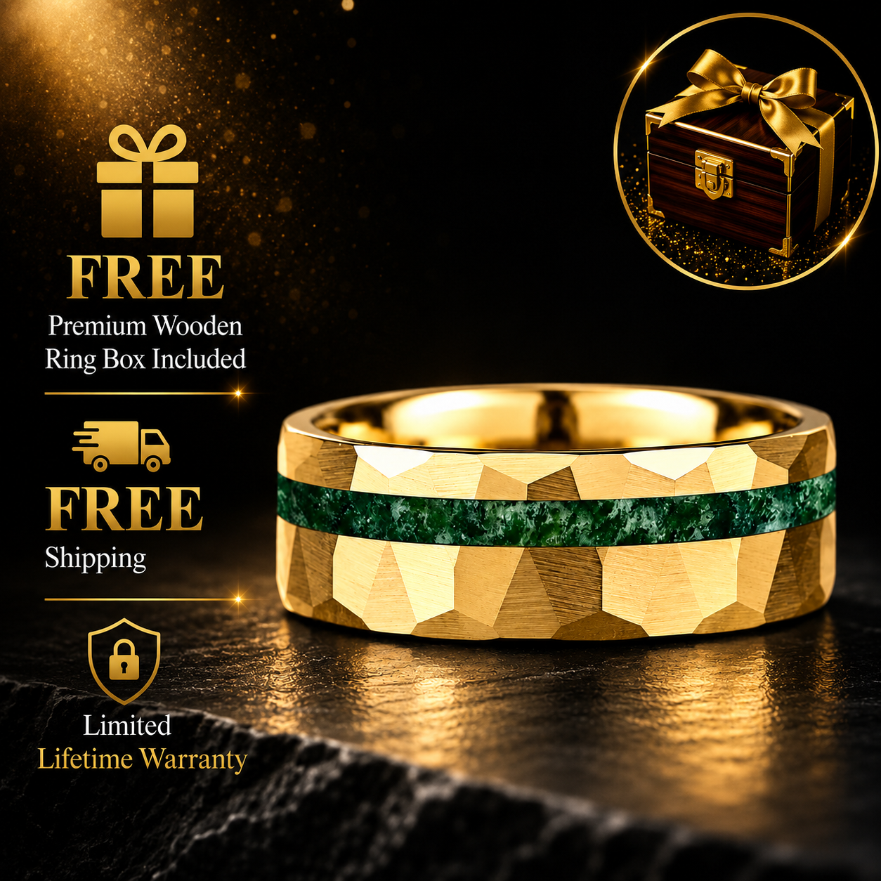 Hammered Tungsten Ring with Green Moss Agate Inlay