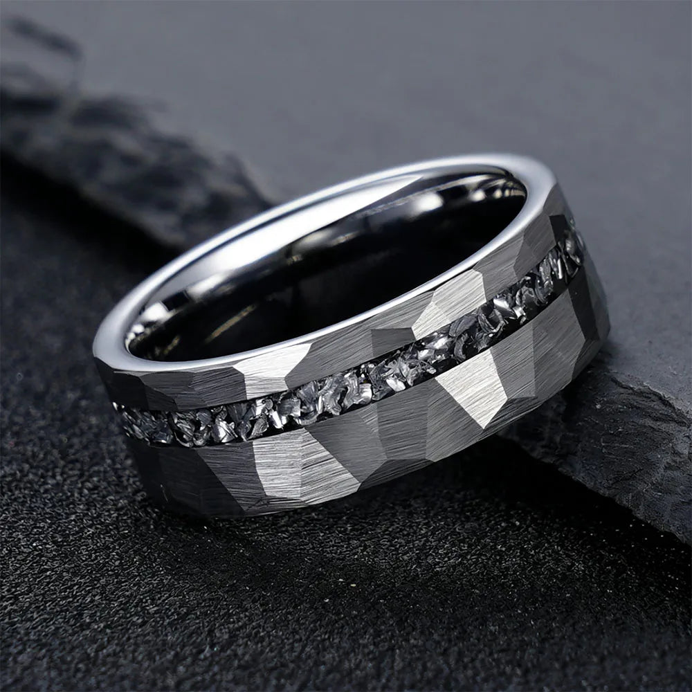 Hammered Tungsten Ring with Iron Filings & Opal Inlay