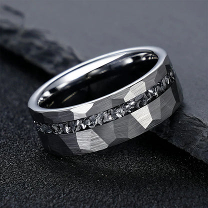 Hammered Tungsten Ring with Iron Filings & Opal Inlay