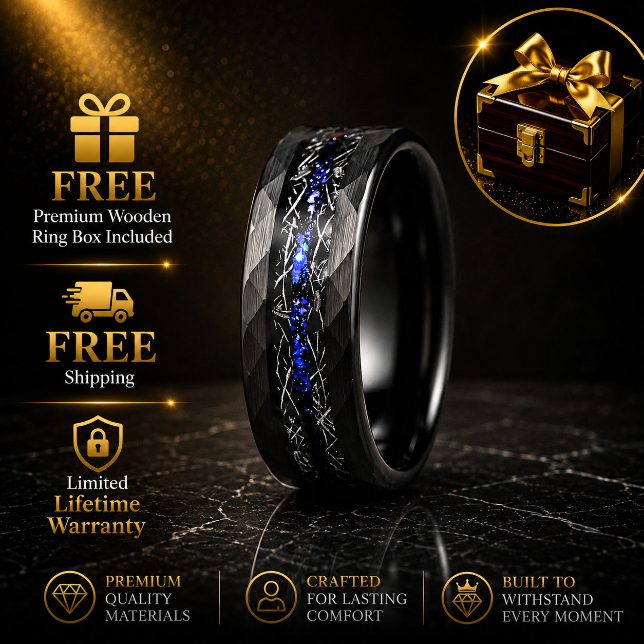  Hammered Tungsten Ring with Meteorite & Blue Opal Inlay