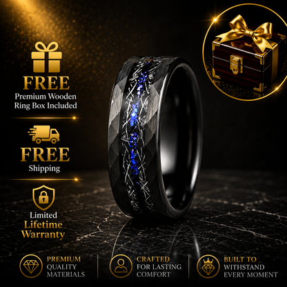  Hammered Tungsten Ring with Meteorite & Blue Opal Inlay