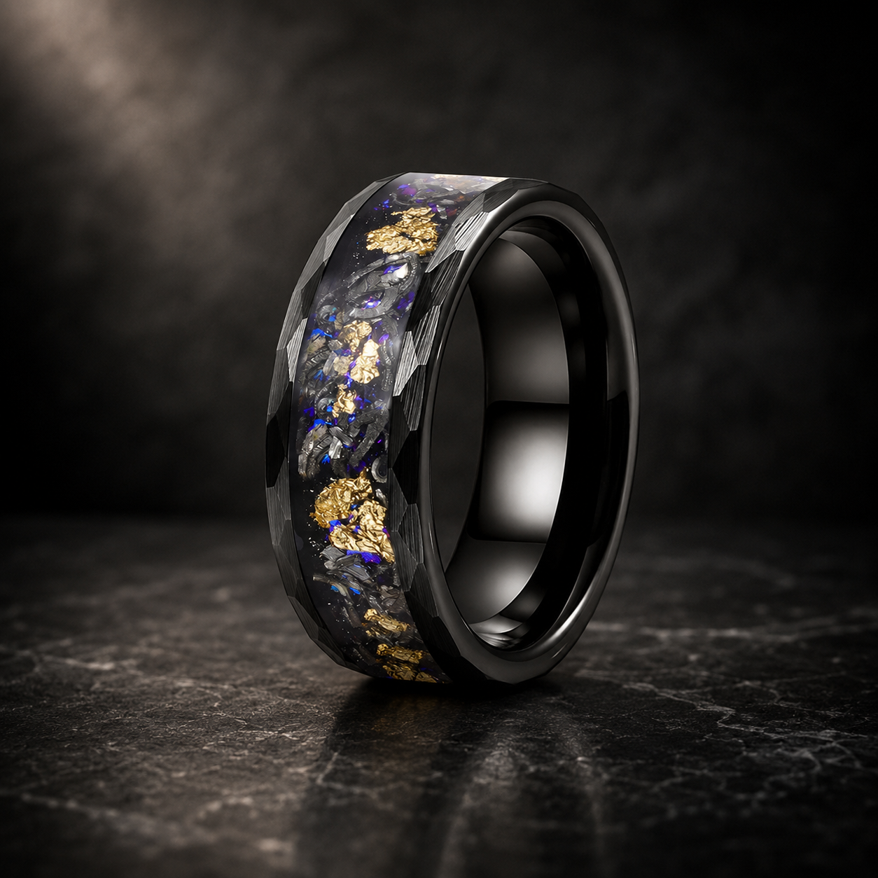 Hammered Tungsten Ring with Orion Nebula & Meteorite Inlay