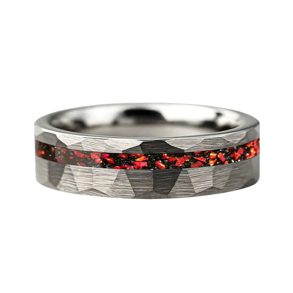 Hammered Tungsten Ring with Red Garnet Inlay
