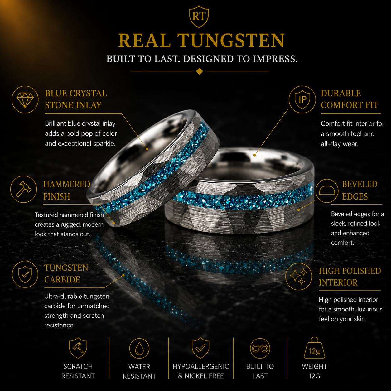 Hammered Tungsten Ring with Blue Crystal Stone Inlay