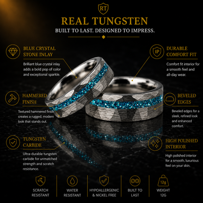 Hammered Tungsten Ring with Blue Crystal Stone Inlay