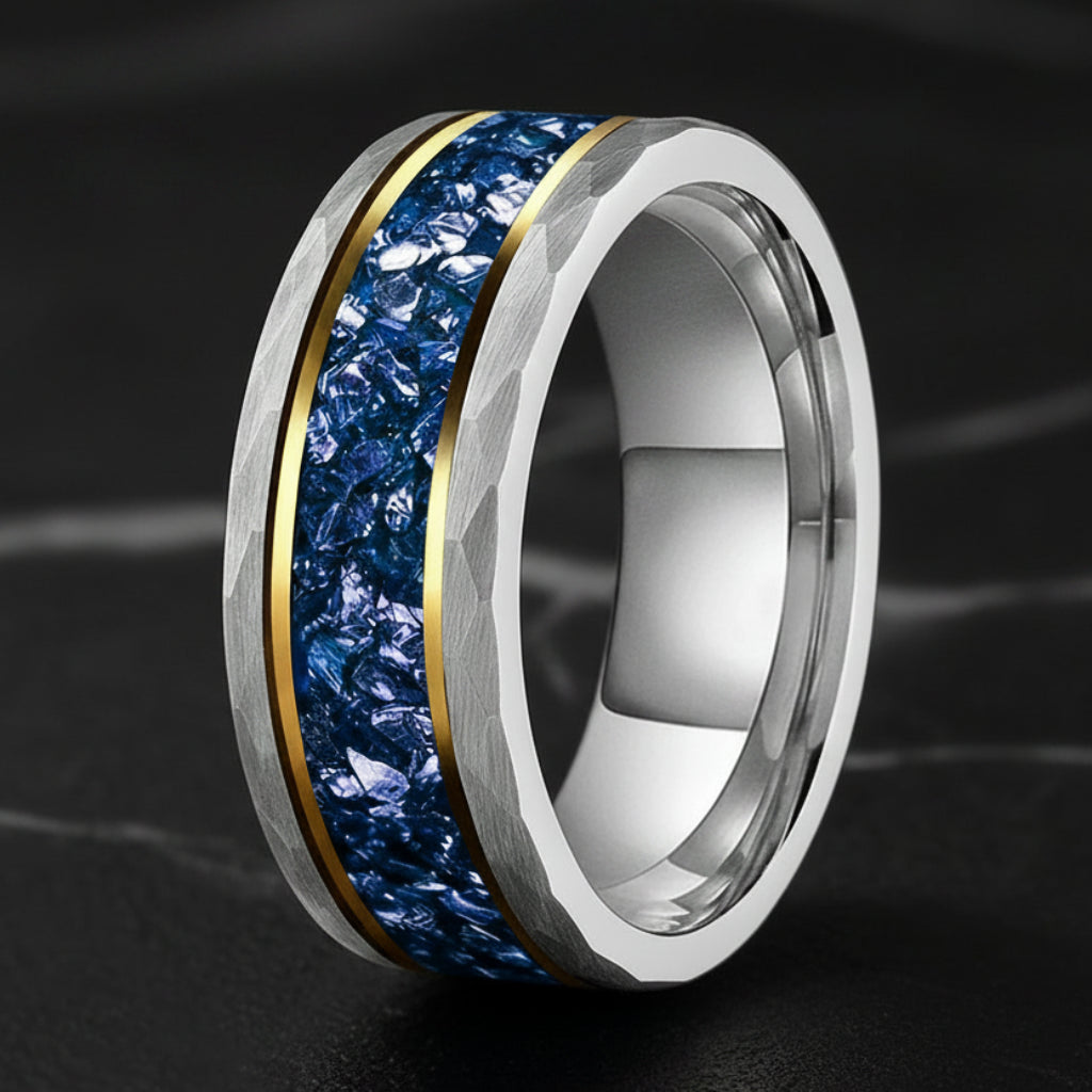 Hammered Tungsten Ring with Blue Crystal Inlay