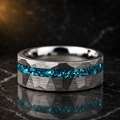 Hammered Tungsten Ring with Blue Crystal Stone Inlay