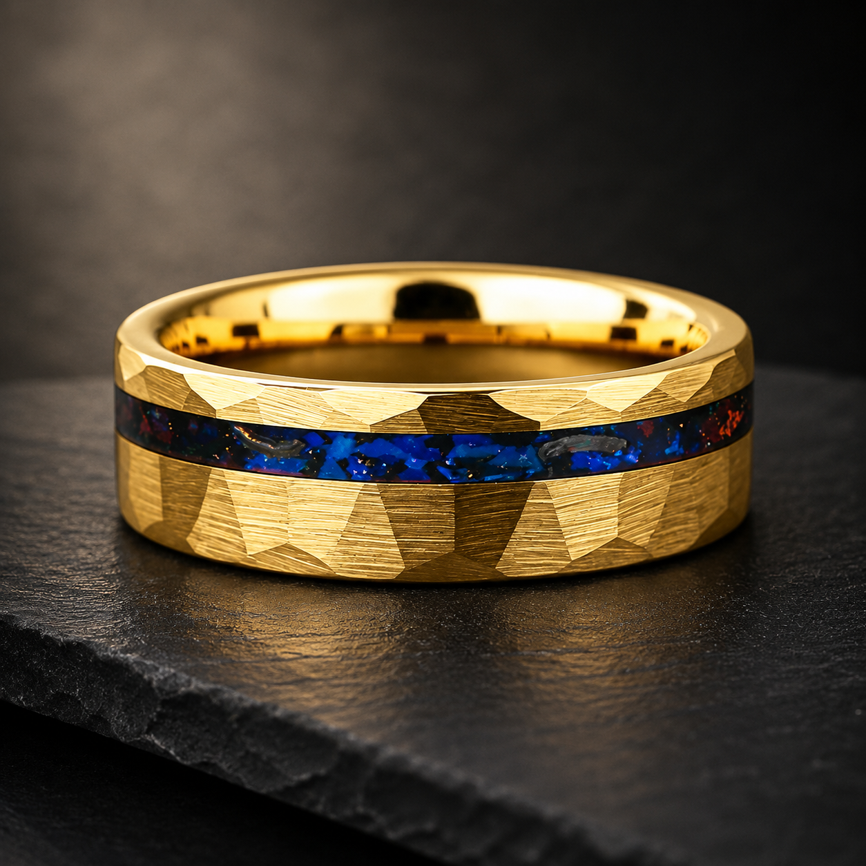 Hammered Tungsten Ring with Blue Glass Stone & Meteorite