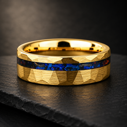 Hammered Tungsten Ring with Blue Glass Stone & Meteorite
