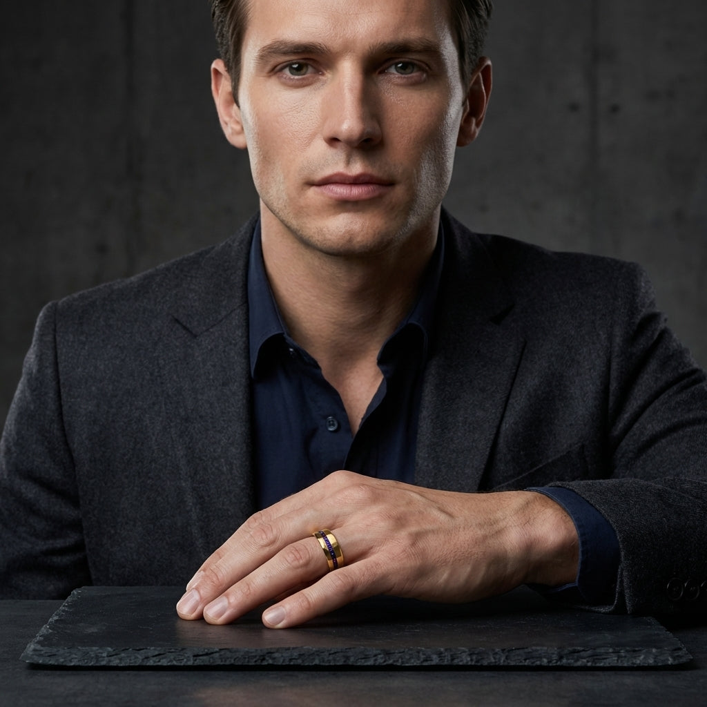 Hammered Tungsten Ring with Blue & Purple Opal Inlay