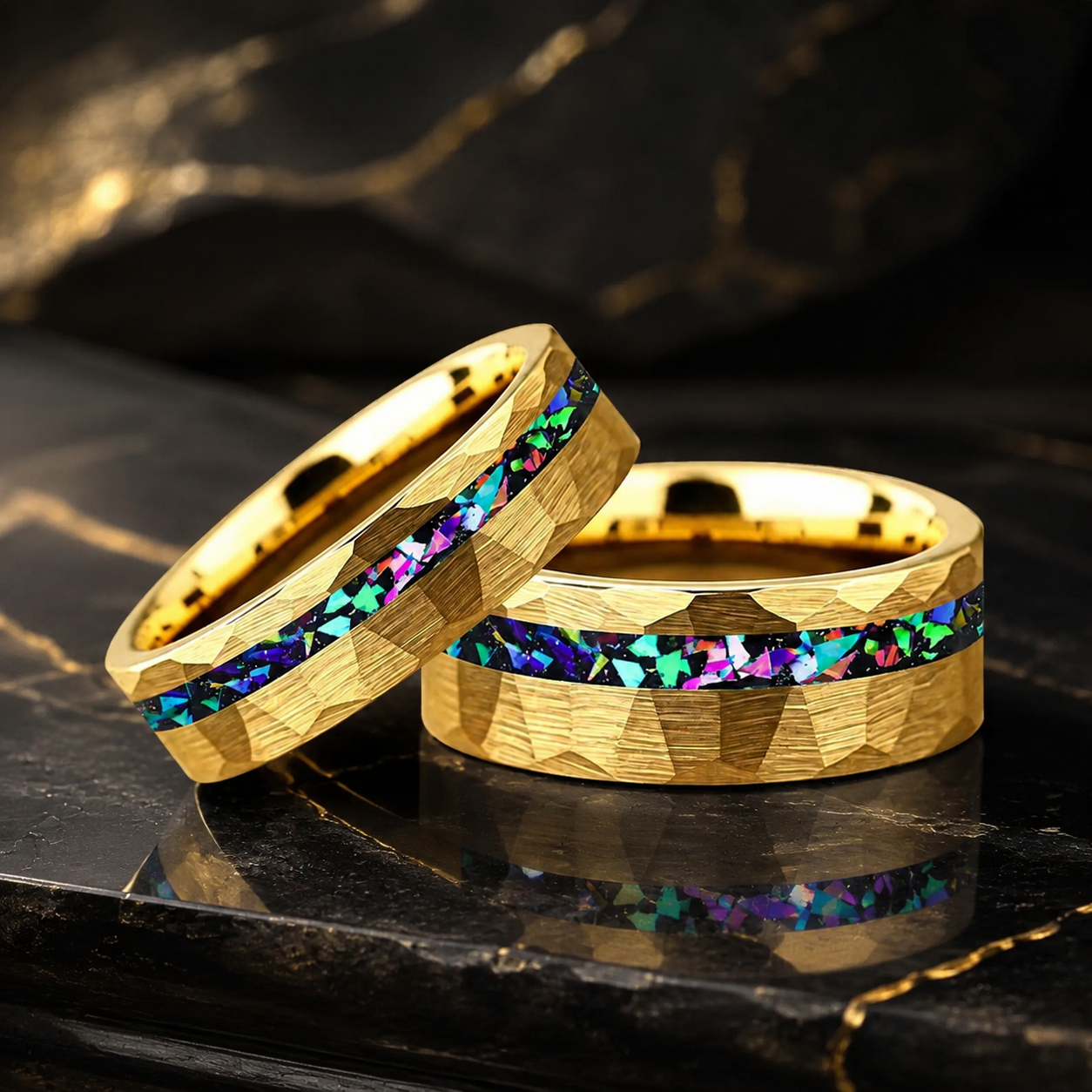 Hammered Tungsten Ring with Galaxy Opal Inlay