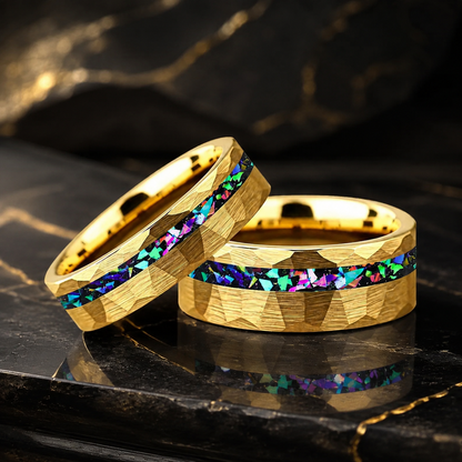 Hammered Tungsten Ring with Galaxy Opal Inlay