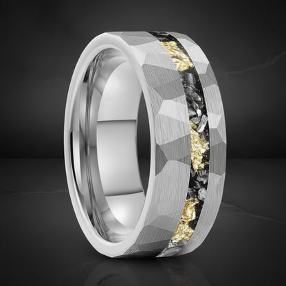 Hammered Tungsten Ring with Gold Foil Meteorite Inlay