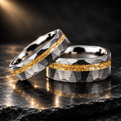 Hammered Tungsten Ring with Gold Foil Offset Groove Inlay