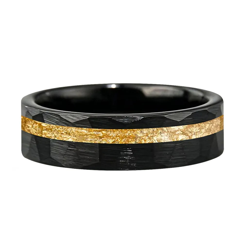 Hammered Tungsten Ring with Gold Foil Offset Groove Inlay