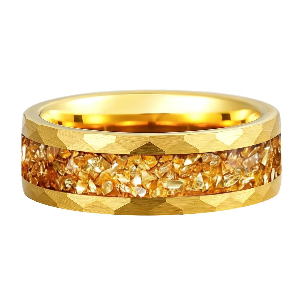 Hammered Tungsten Ring with Golden Crystal Stone Inlay