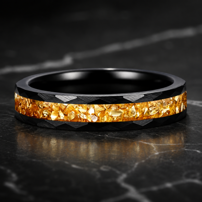 Hammered Tungsten Ring with Golden Crystal Stone Inlay