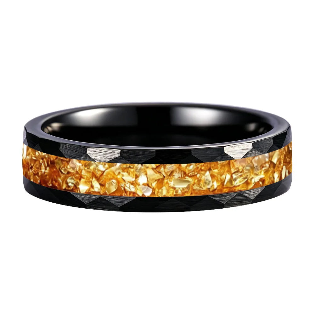 Hammered Tungsten Ring with Golden Crystal Stone Inlay