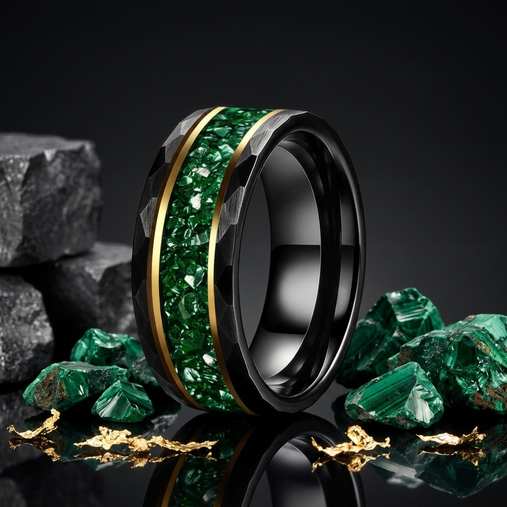 Hammered Tungsten Ring with Green Crystal Inlay