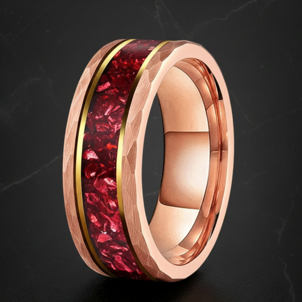 8MM Hammered Tungsten Ring with Red Crystal Inlay