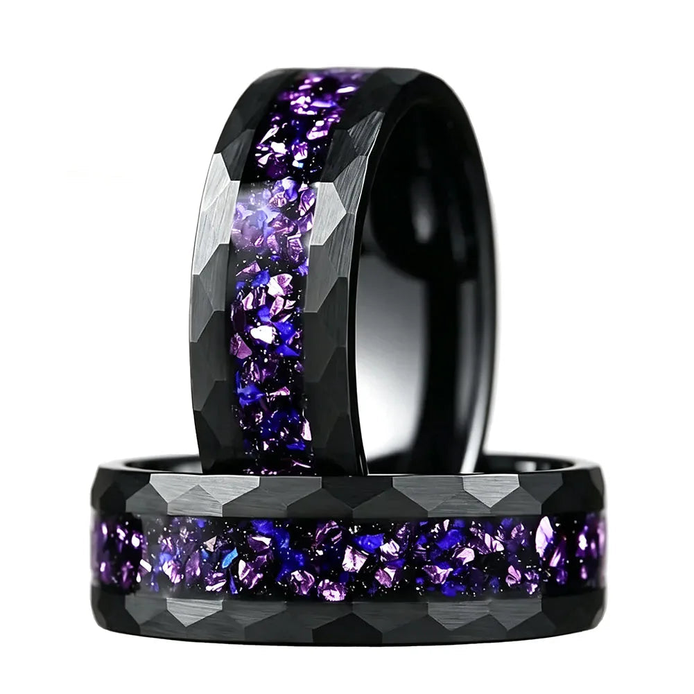 Hammered Tungsten Ring with Blue Galaxy & Purple Crystal Inlay