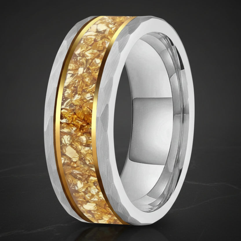 Hammered Tungsten Ring with Gold Crystal Inlay