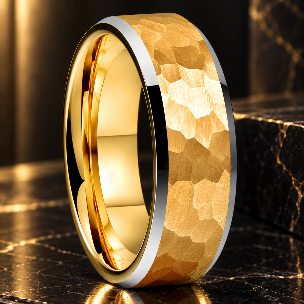 Hammered Tungsten Ring with Beveled Edges