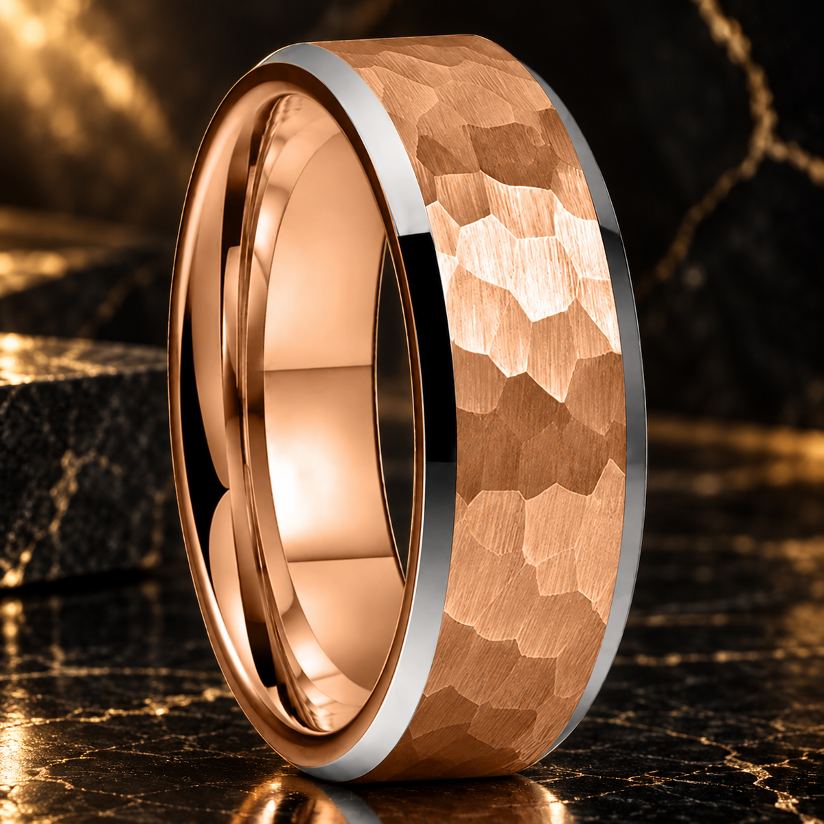 Hammered Tungsten Ring with Beveled Edges