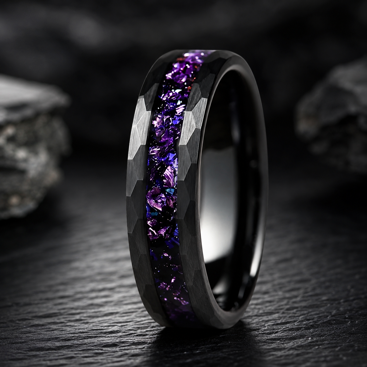Hammered Tungsten Ring with Blue Galaxy & Purple Crystal Inlay