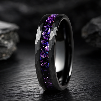 Hammered Tungsten Ring with Blue Galaxy & Purple Crystal Inlay