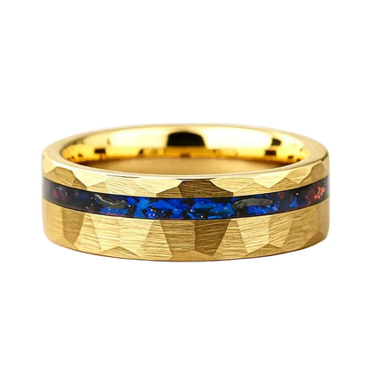 Hammered Tungsten Ring with Blue Glass Stone & Meteorite