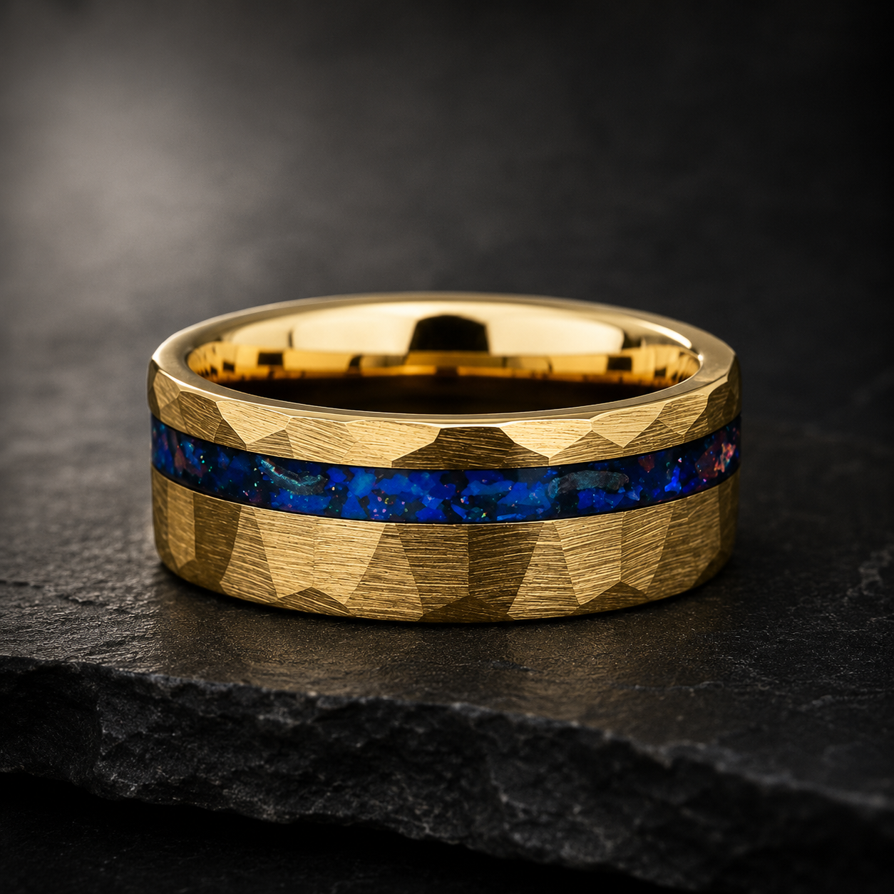 Hammered Tungsten Ring with Blue Glass Stone & Meteorite