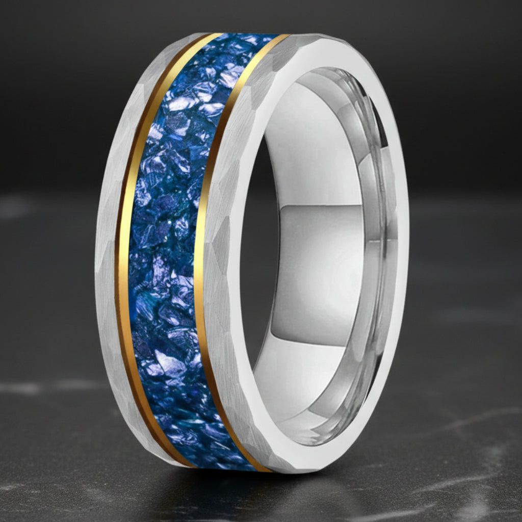 Hammered Tungsten Ring with Blue Crystal Inlay